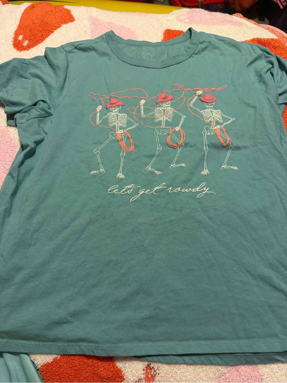 Zoe + Liv Teal Short Sleeve Tee with Skeleton Rodeo Graphic